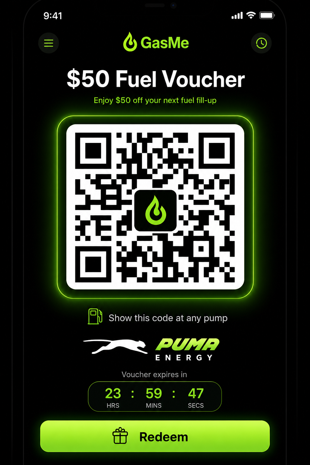 GasMe QR voucher screen