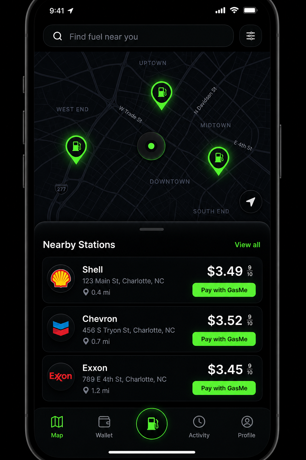 GasMe nearby stations screen