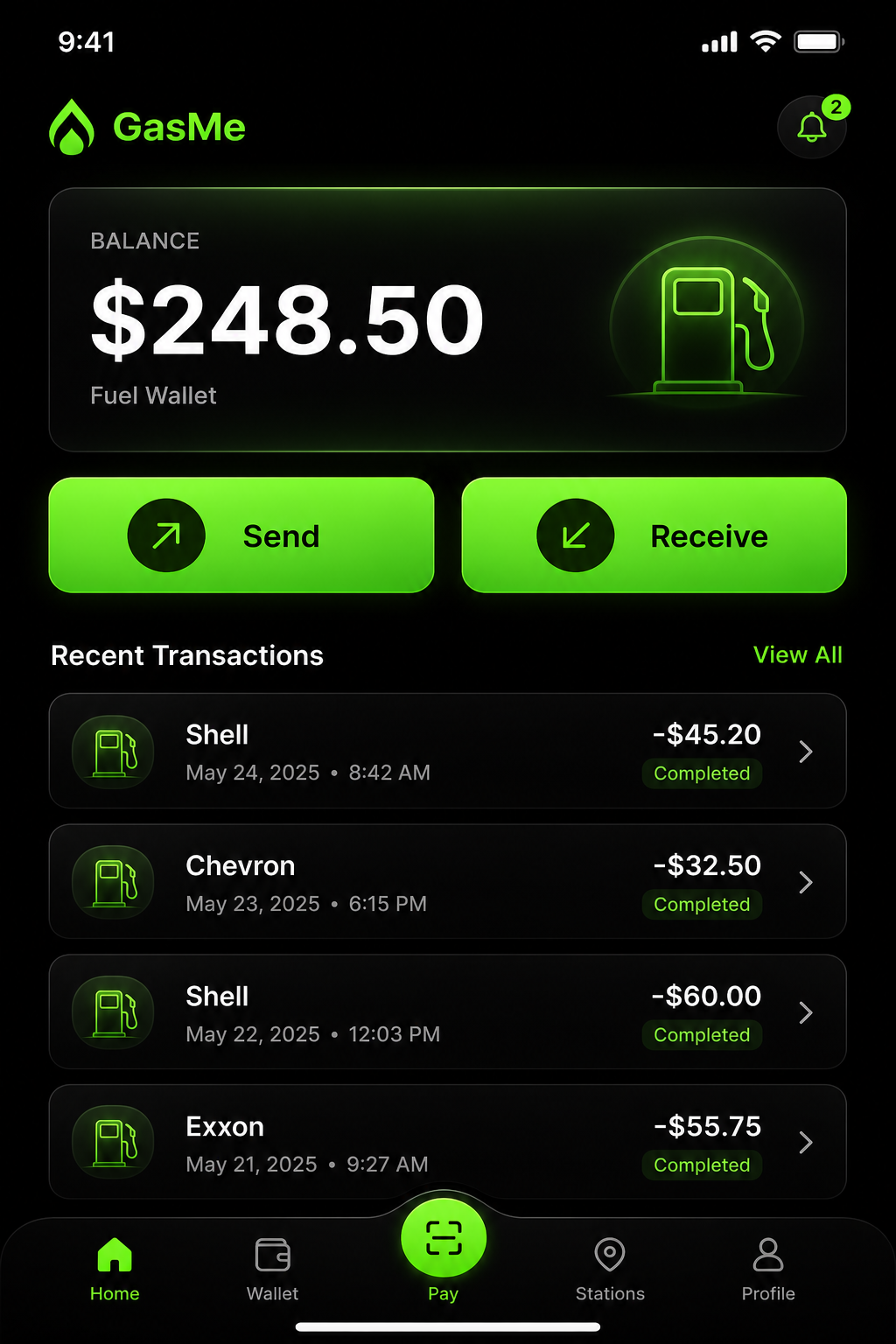 GasMe fuel wallet screen